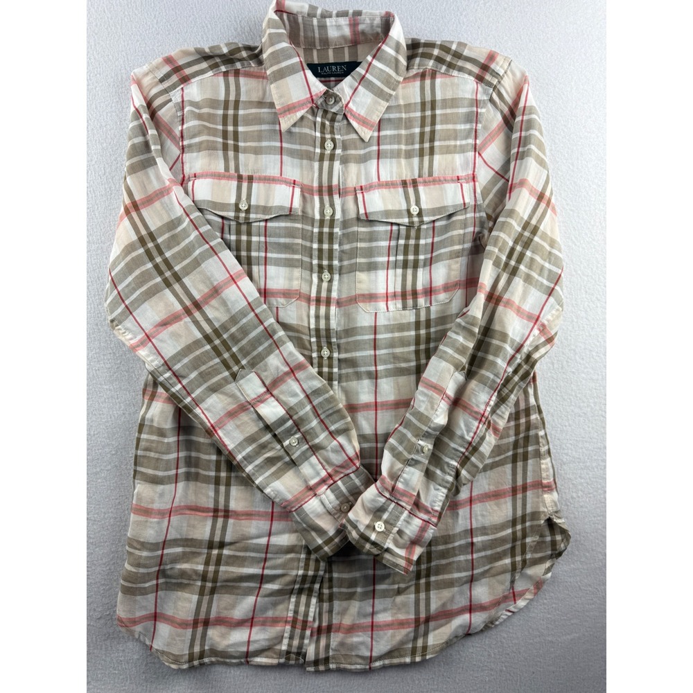 Lauren Ralph Lauren Womens Plaid Button Down Shirt Tan Red Cotton Small P SP